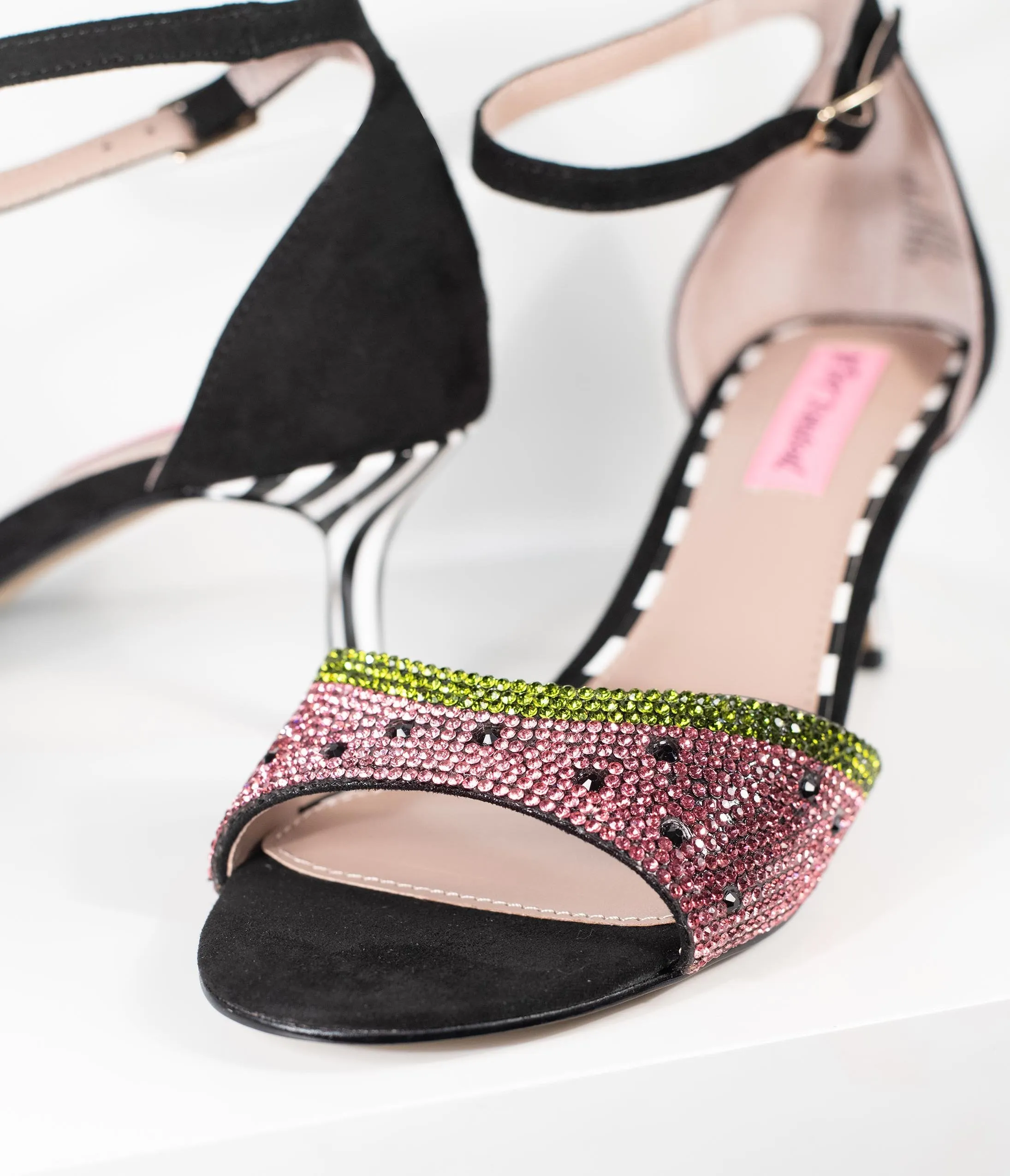 Betsey Johnson Black Suede & Rhinestone Watermelon Sandal Tavie Heels