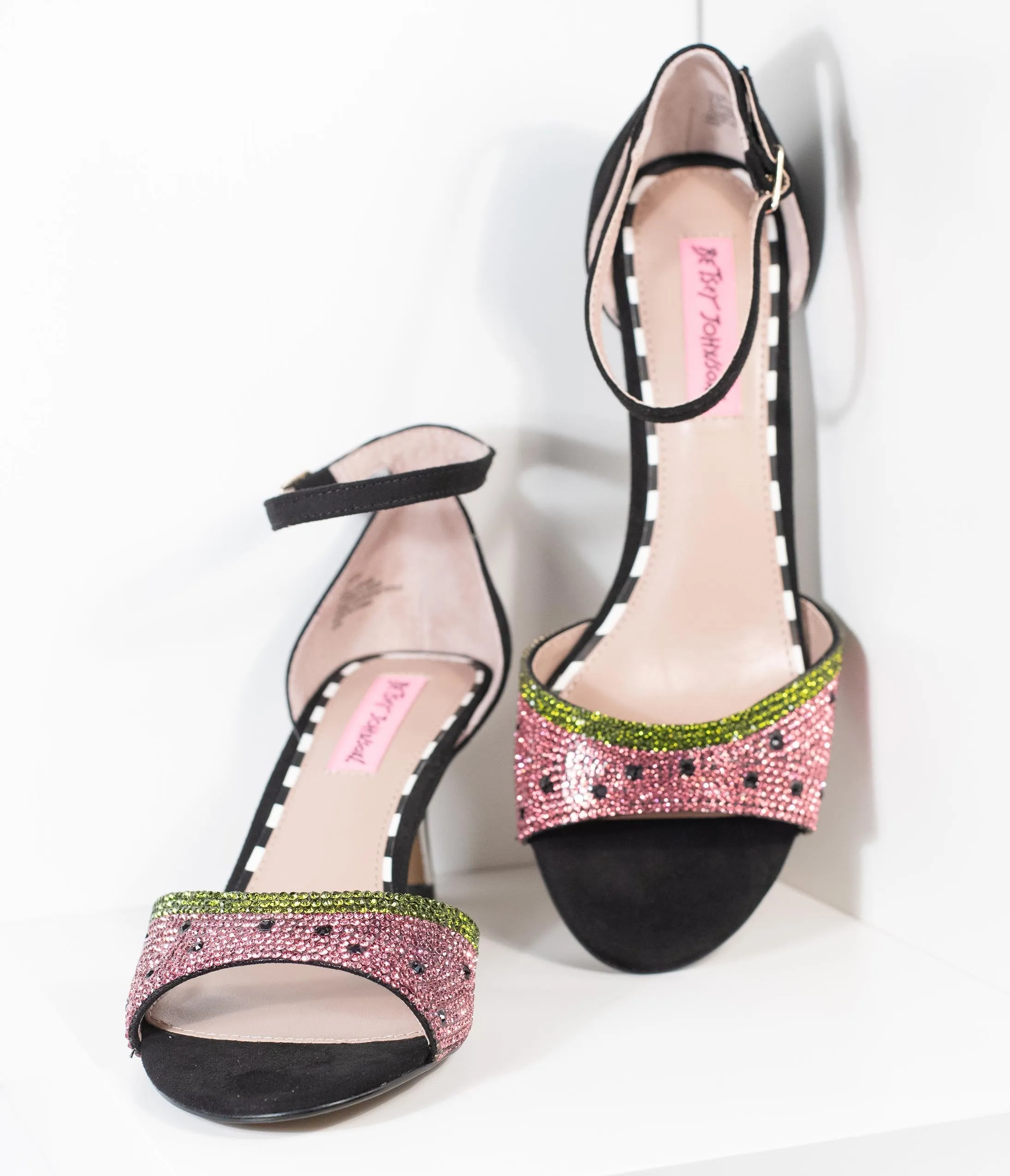 Betsey Johnson Black Suede & Rhinestone Watermelon Sandal Tavie Heels