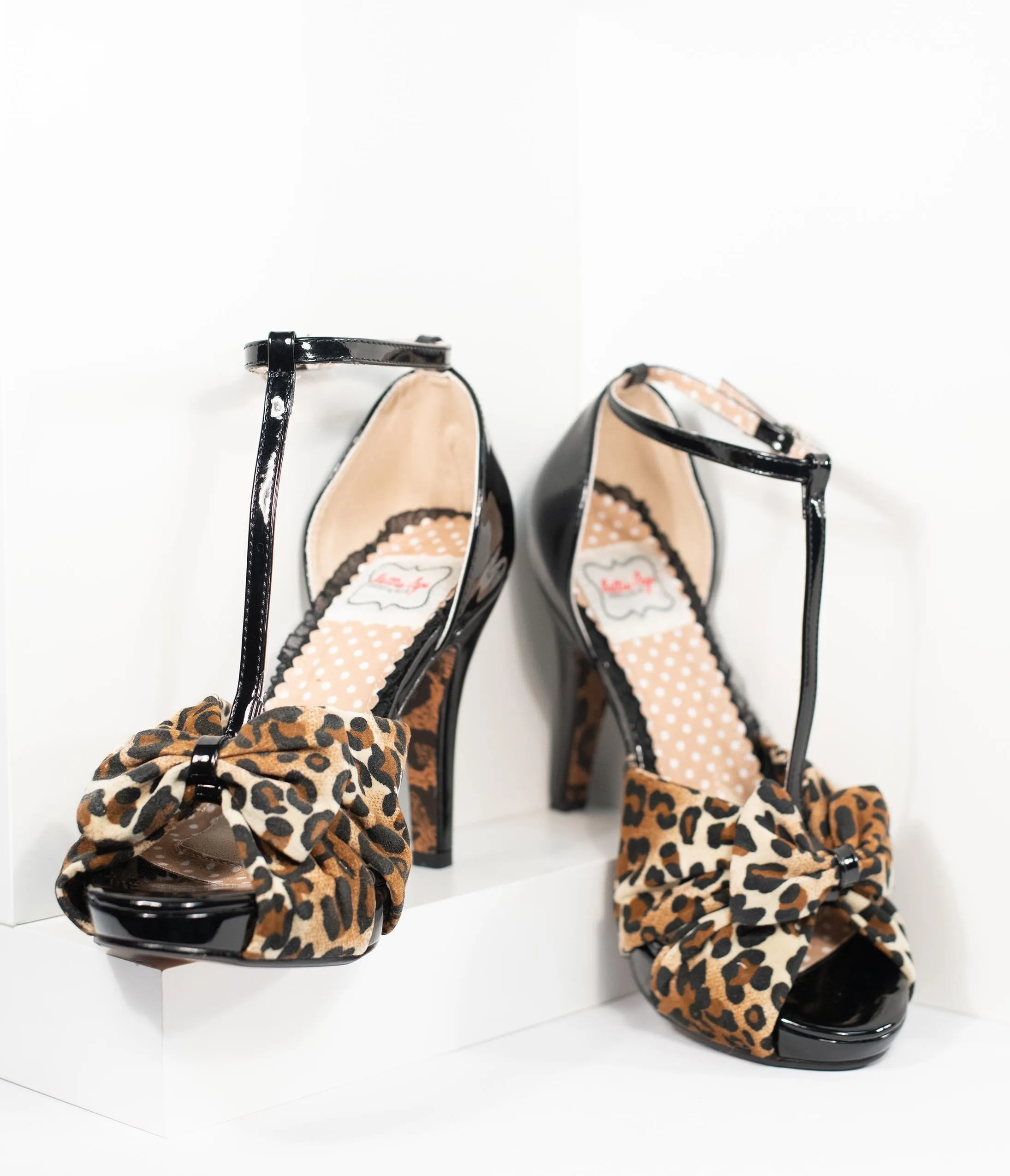 Bettie Page Black & Leopard T-Strap Peep Toe Bessie Heels