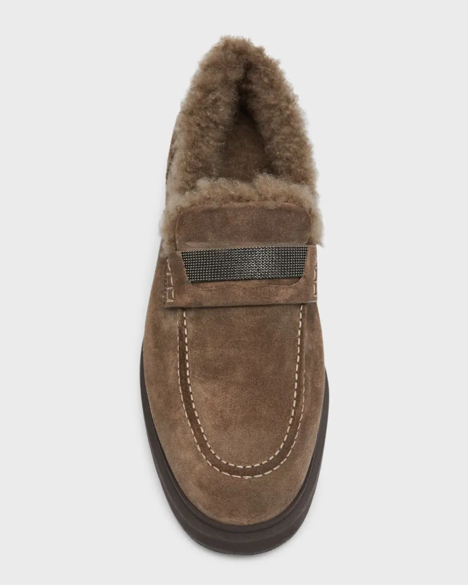 Brunello Cucinelli Shearling Suede Penny Loafers