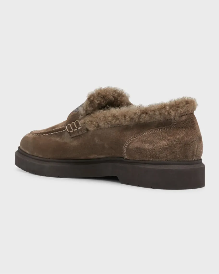 Brunello Cucinelli Shearling Suede Penny Loafers