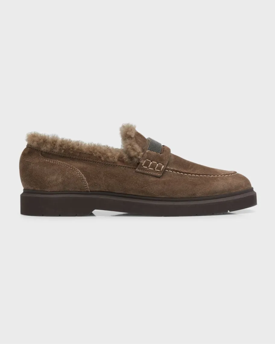 Brunello Cucinelli Shearling Suede Penny Loafers