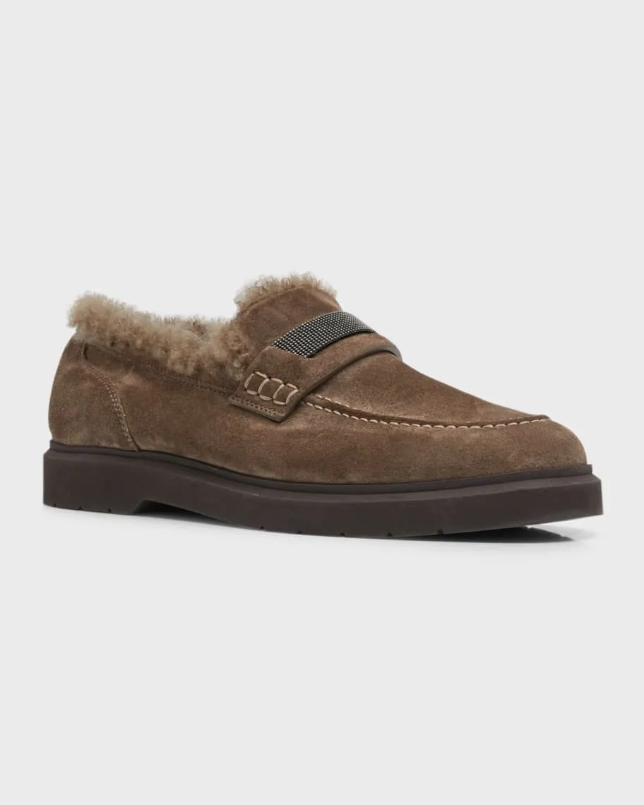 Brunello Cucinelli Shearling Suede Penny Loafers