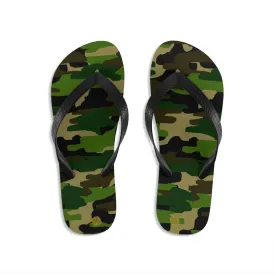 Camouflage Print Flip Flops, Green Military Army Print Classic Unisex Designer Sandals- Made in USA