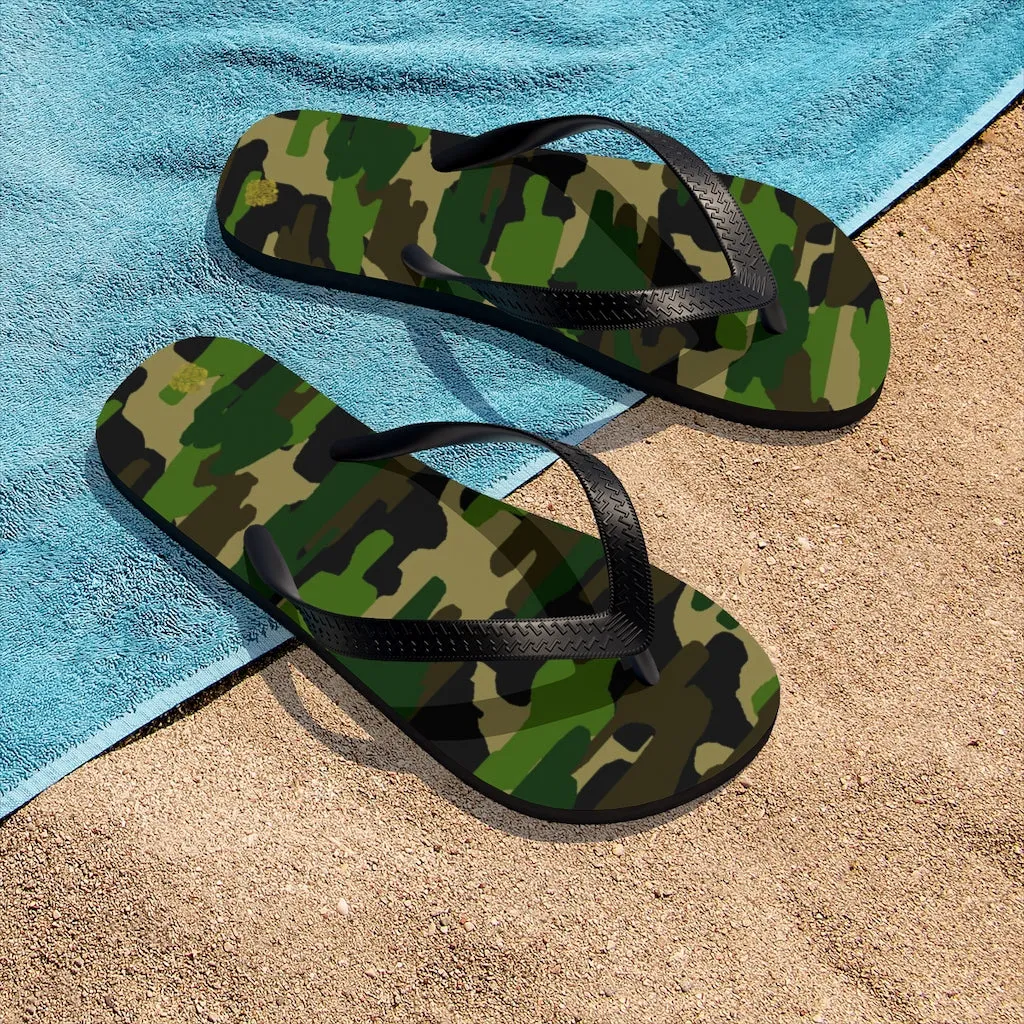 Camouflage Print Flip Flops, Green Military Army Print Classic Unisex Designer Sandals- Made in USA