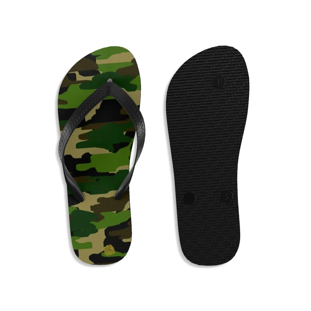 Camouflage Print Flip Flops, Green Military Army Print Classic Unisex Designer Sandals- Made in USA