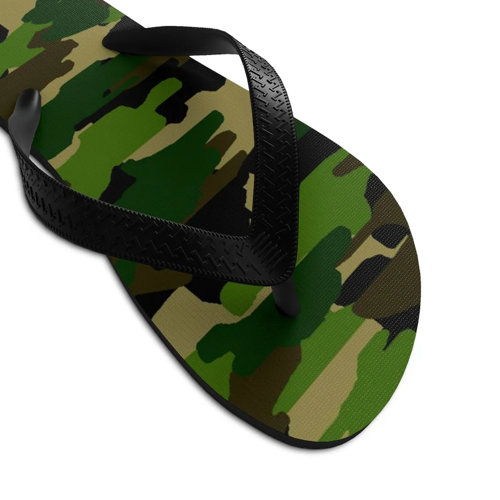 Camouflage Print Flip Flops, Green Military Army Print Classic Unisex Designer Sandals- Made in USA