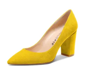 Golden Glow: Yellow Suede Block Heel Pointed Toe Slip-on Pumps