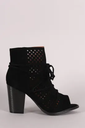 Perforated Suede Slit Lace-Up Chunky Heeled Booties