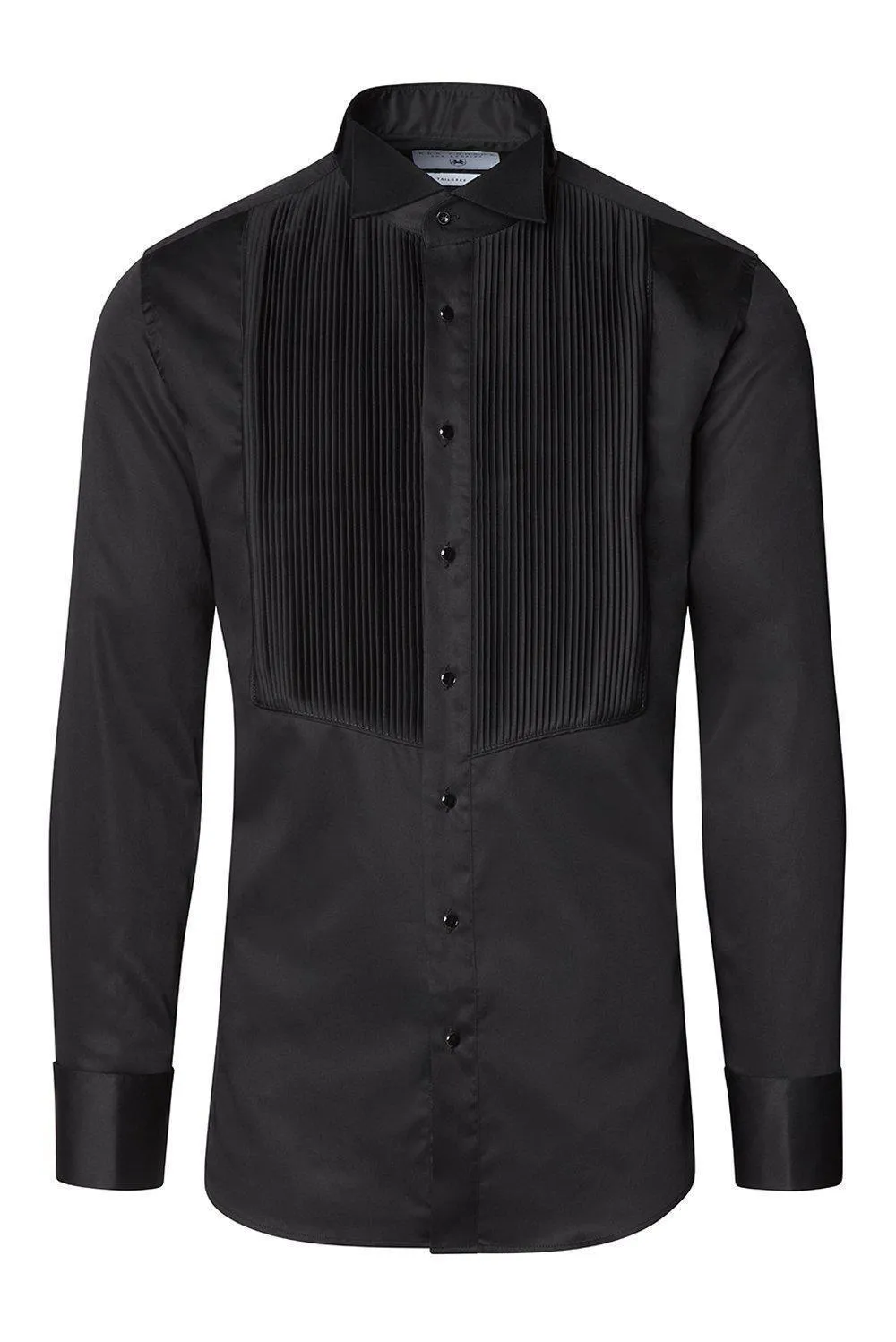 Pleated Wing Tip Collar Tuxedo Shirt- Black on Black