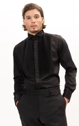 Pleated Wing Tip Collar Tuxedo Shirt- Black on Black