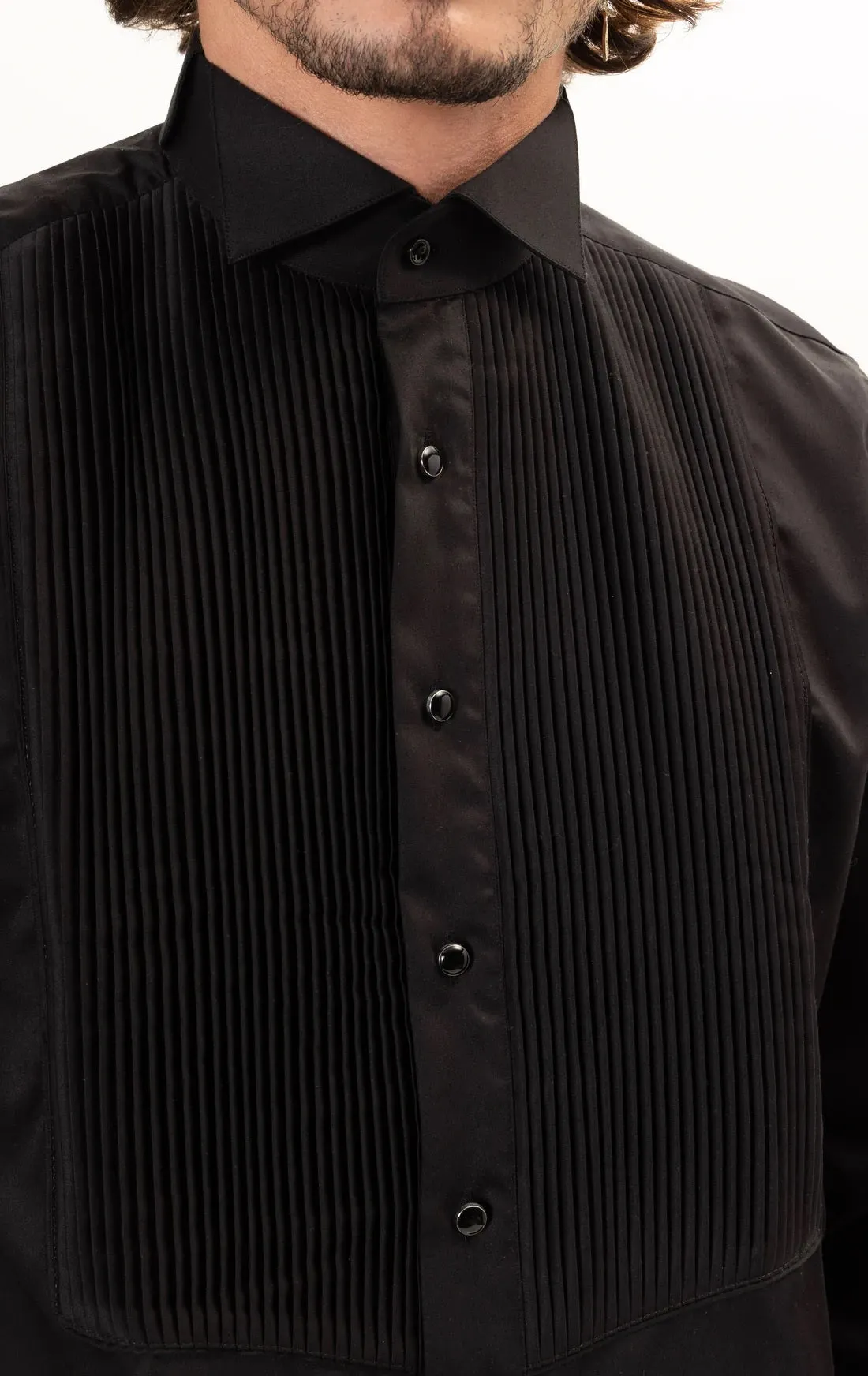 Pleated Wing Tip Collar Tuxedo Shirt- Black on Black