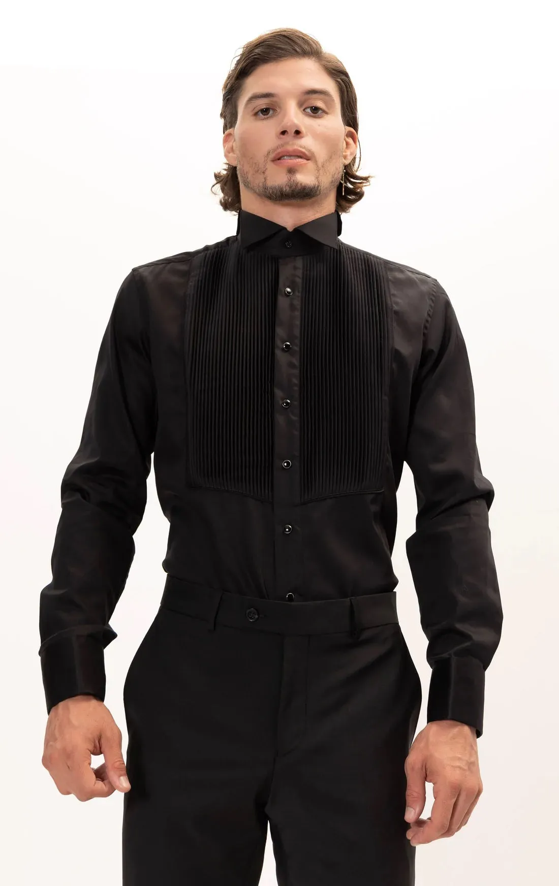 Pleated Wing Tip Collar Tuxedo Shirt- Black on Black