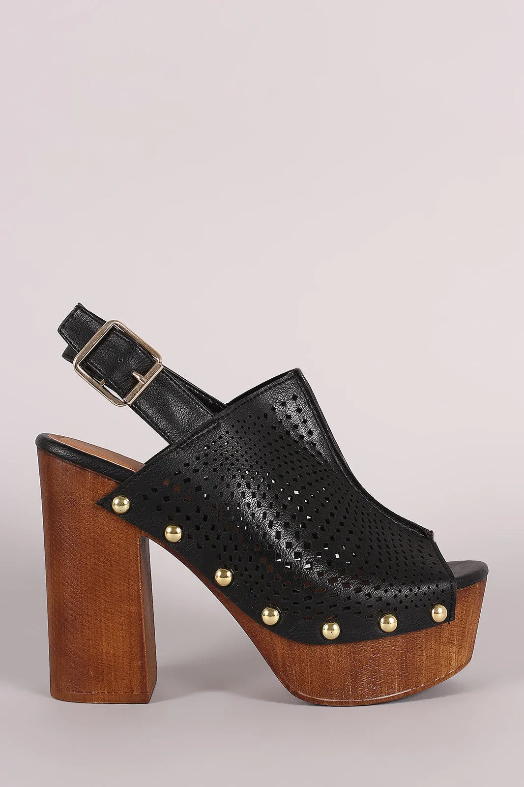 Qupid Perforated Slingback Studded Chunky Platform Mule Heel