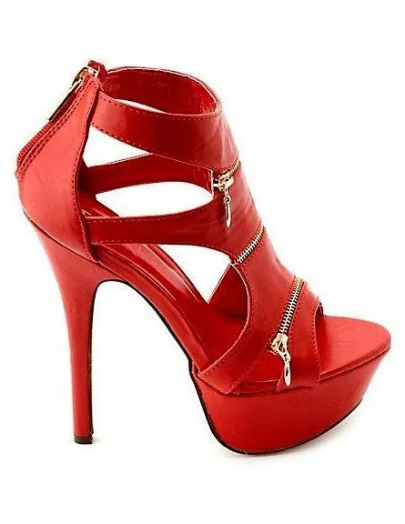 Red Triple Zipper Cut-Out Platform Heels