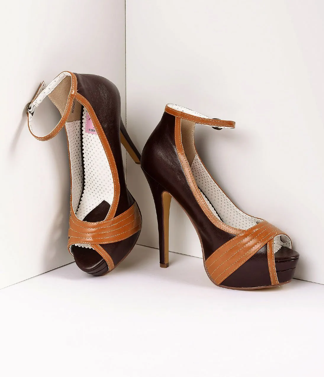 Retro Style Dark Brown & Maple Leatherette Peep Toe Platform Cutout Pumps