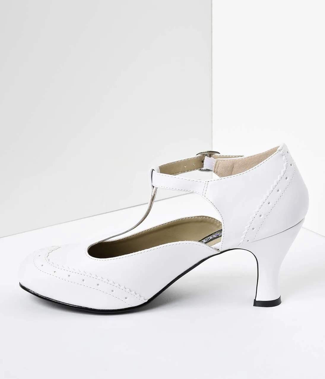 White T-Strap Mary Jane Kitten Heels