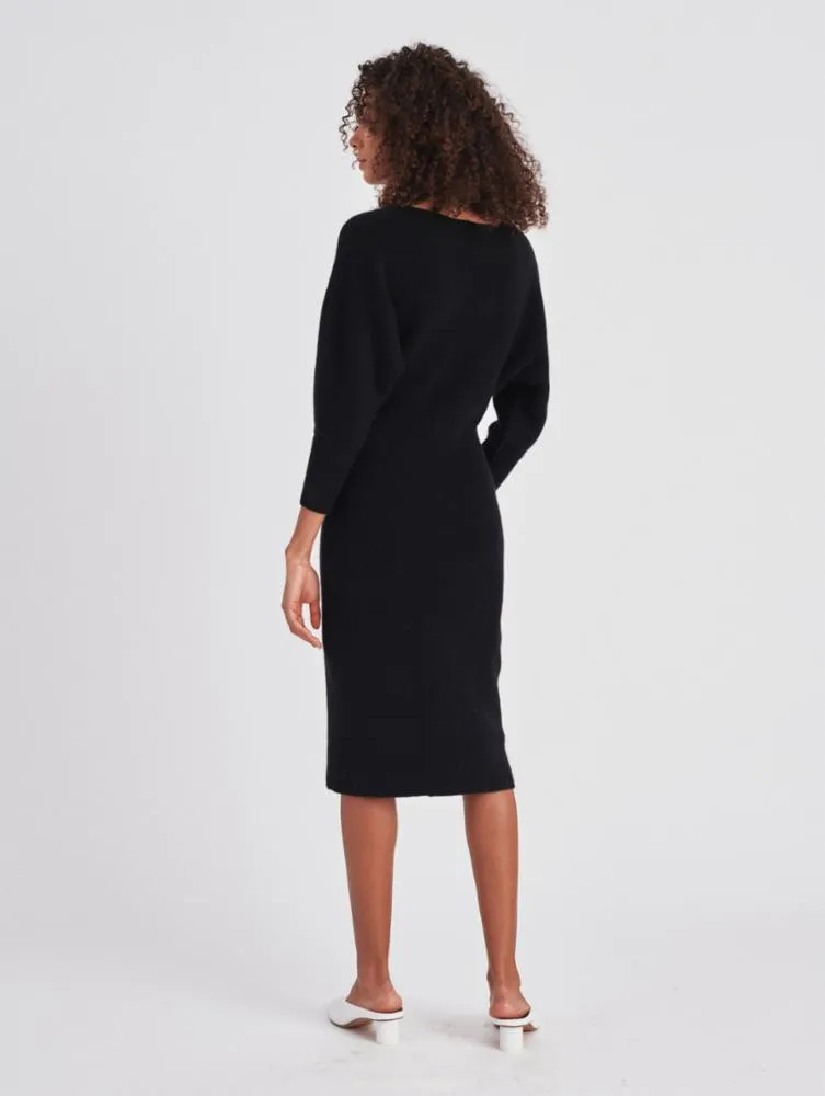 White   Warren - Cashmere Ribbed V Neck Dress in Black