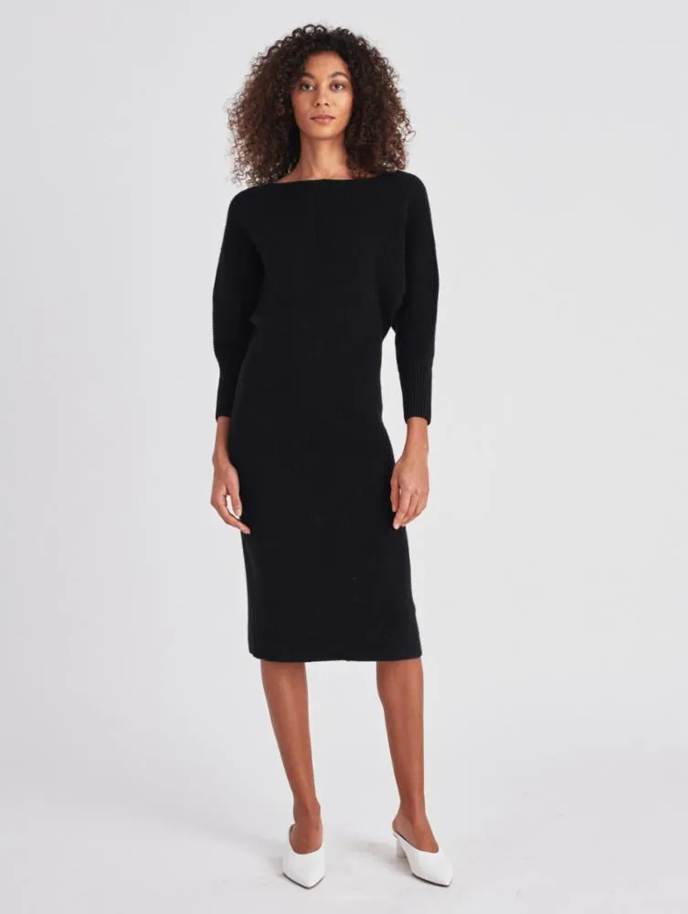 White   Warren - Cashmere Ribbed V Neck Dress in Black