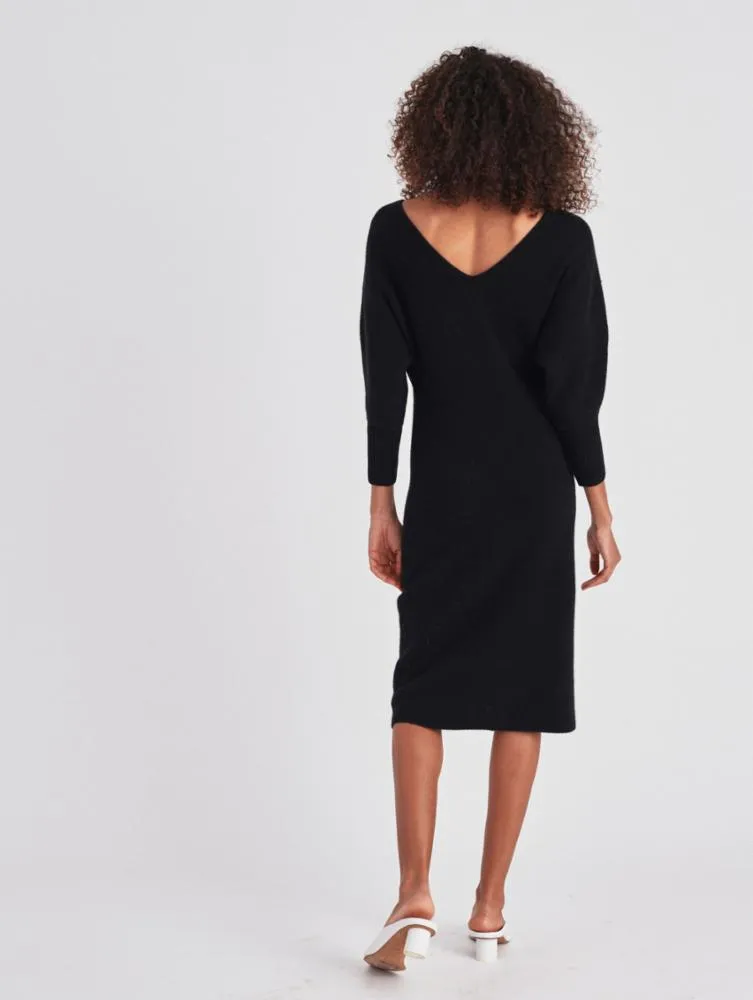 White   Warren - Cashmere Ribbed V Neck Dress in Black